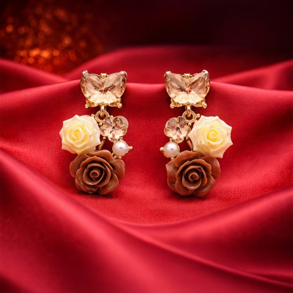 Enamel Floral Earrings Butterfly Crystal Drop | Rose & Pearl Collection