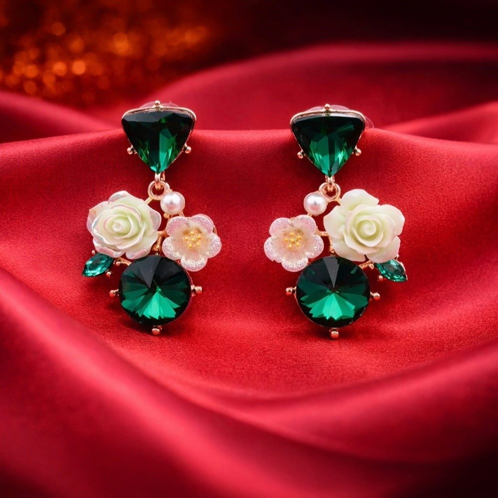 Enamel Floral Earrings – Emerald Crystal Drops