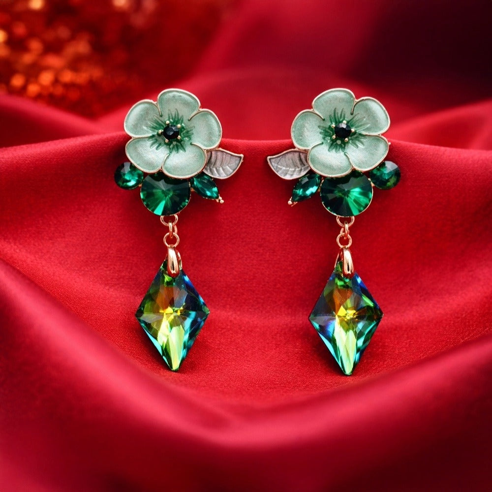 Enamel Floral Earrings - Emerald Crystal Drops Statement Earring