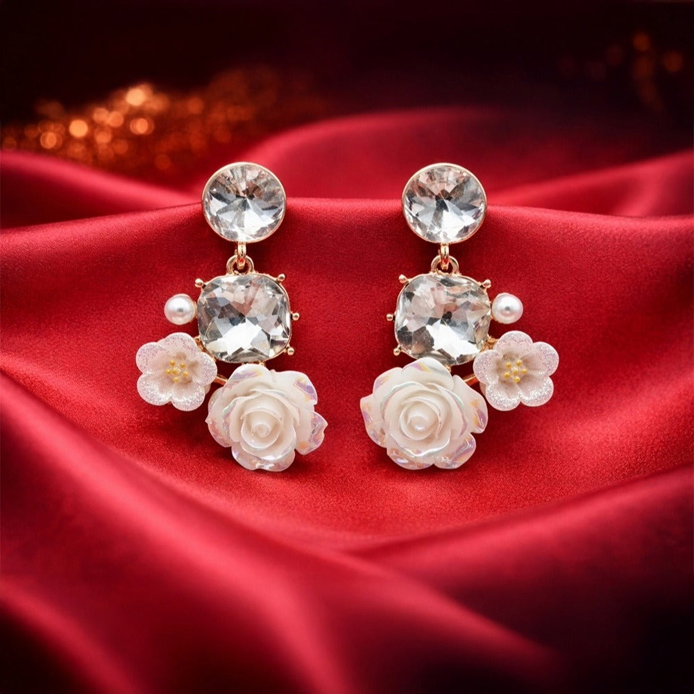 Enamel Floral Earrings - Rose & Pearl Drops