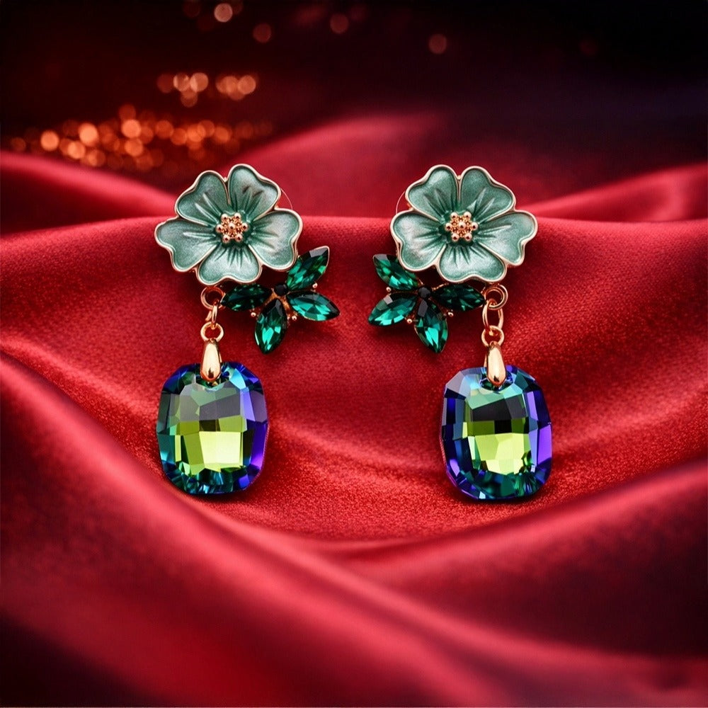 Enamel Floral Earrings – Lightweight Green Crystal Drop