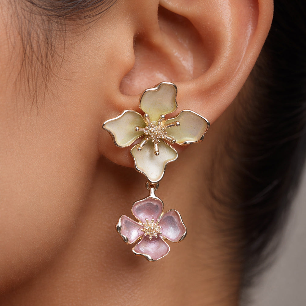 Elegant Floral Enamel Drop Earrings – Ivory & Blush Accents