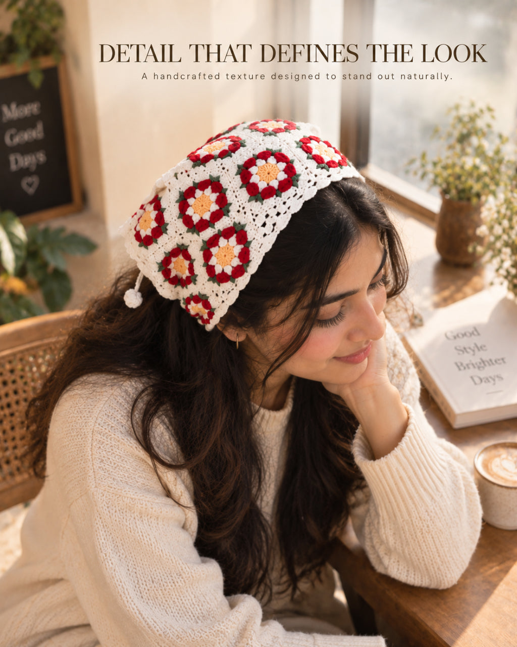 Granny Square Floral Crochet Bandana – Handcrafted Headscarf