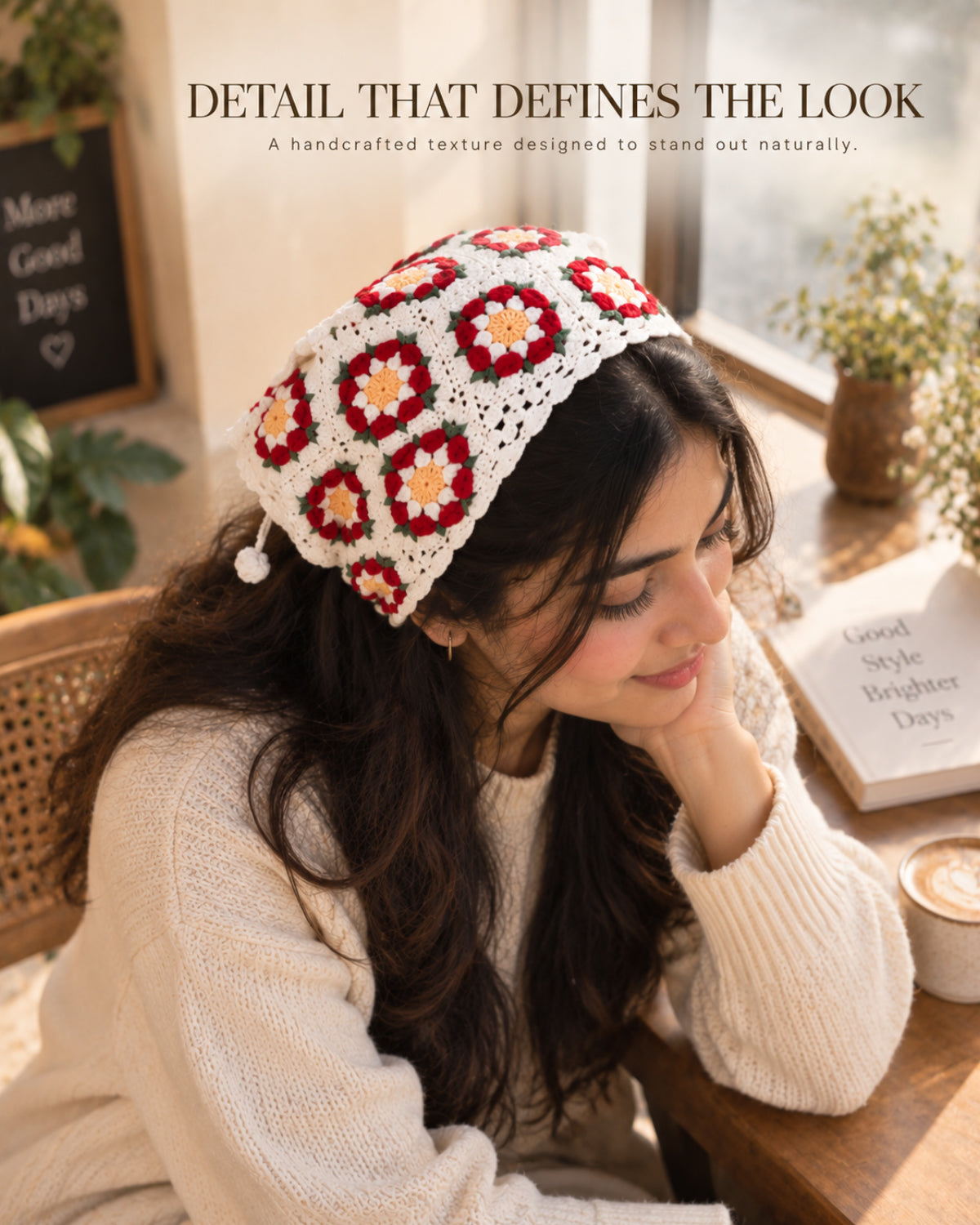Granny Square Floral Crochet Bandana – Handcrafted Headscarf
