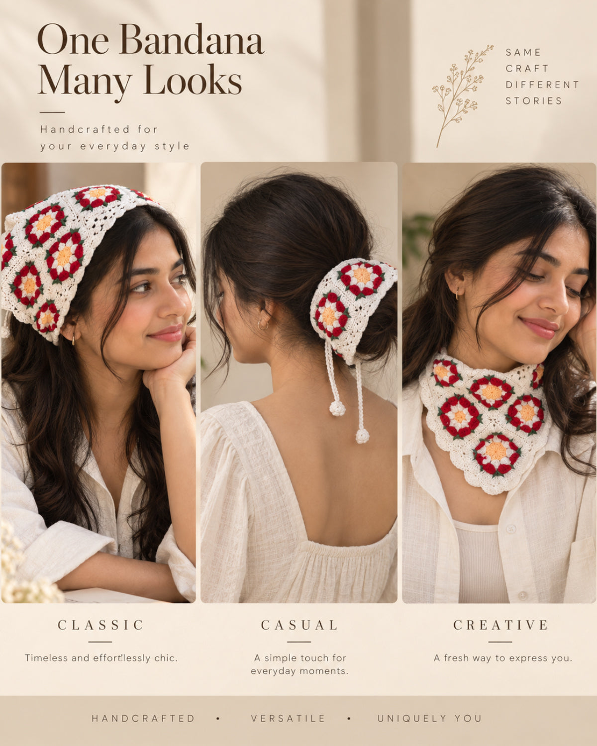 Granny Square Floral Crochet Bandana – Handcrafted Headscarf