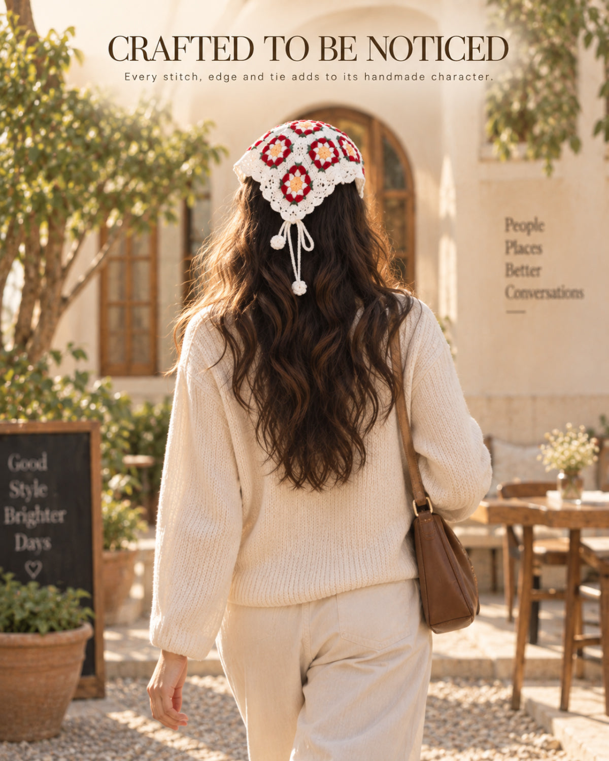 Granny Square Floral Crochet Bandana – Handcrafted Headscarf