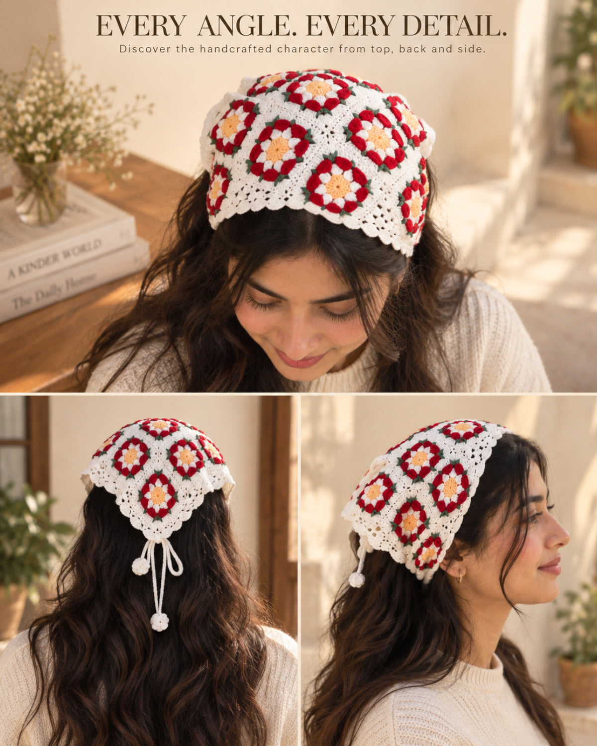 Granny Square Floral Crochet Bandana – Handcrafted Headscarf