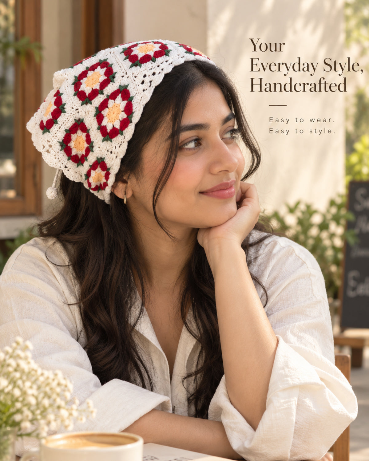 Granny Square Floral Crochet Bandana – Handcrafted Headscarf