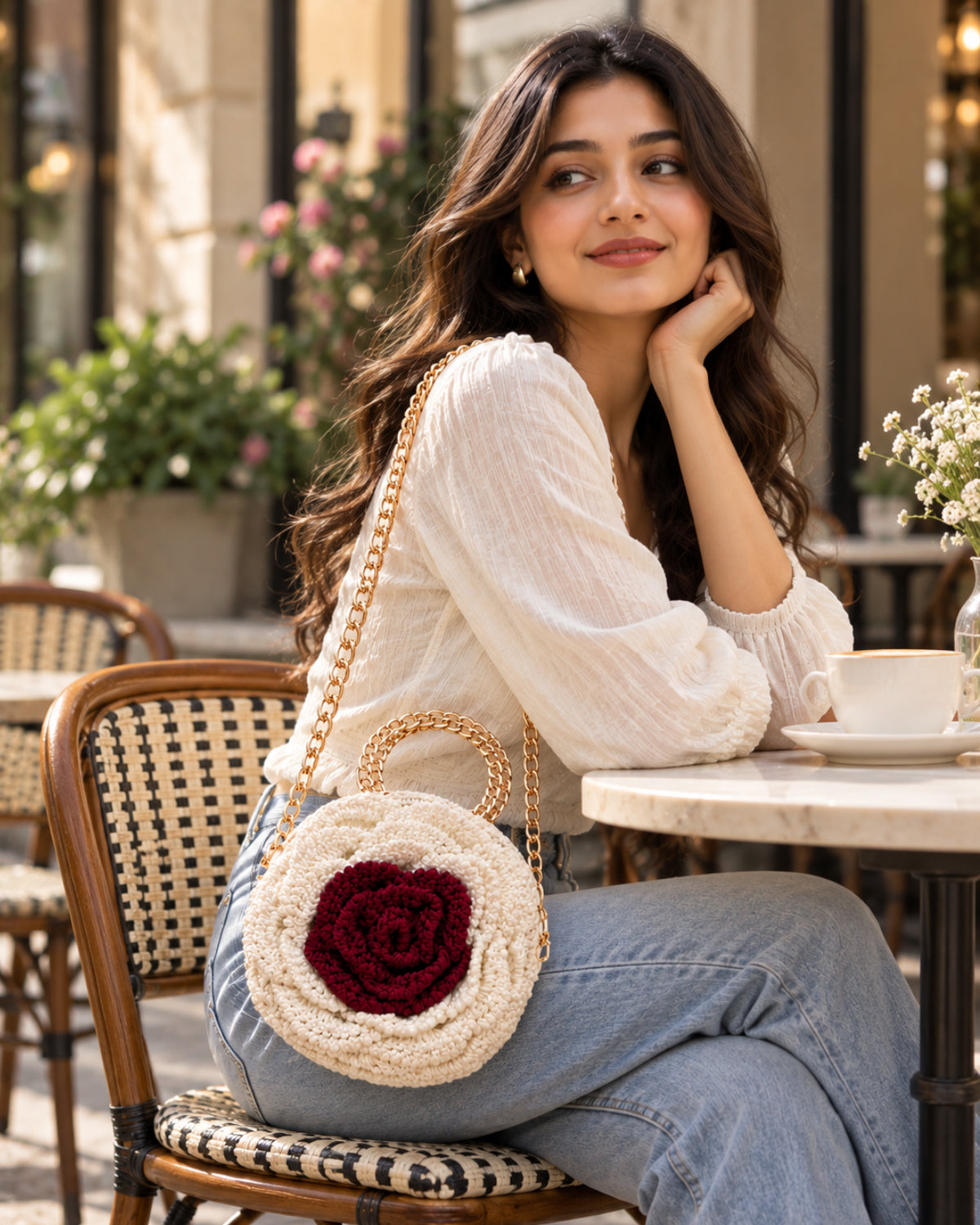 Handmade 3D Floral Clutch - White & Brown Rose