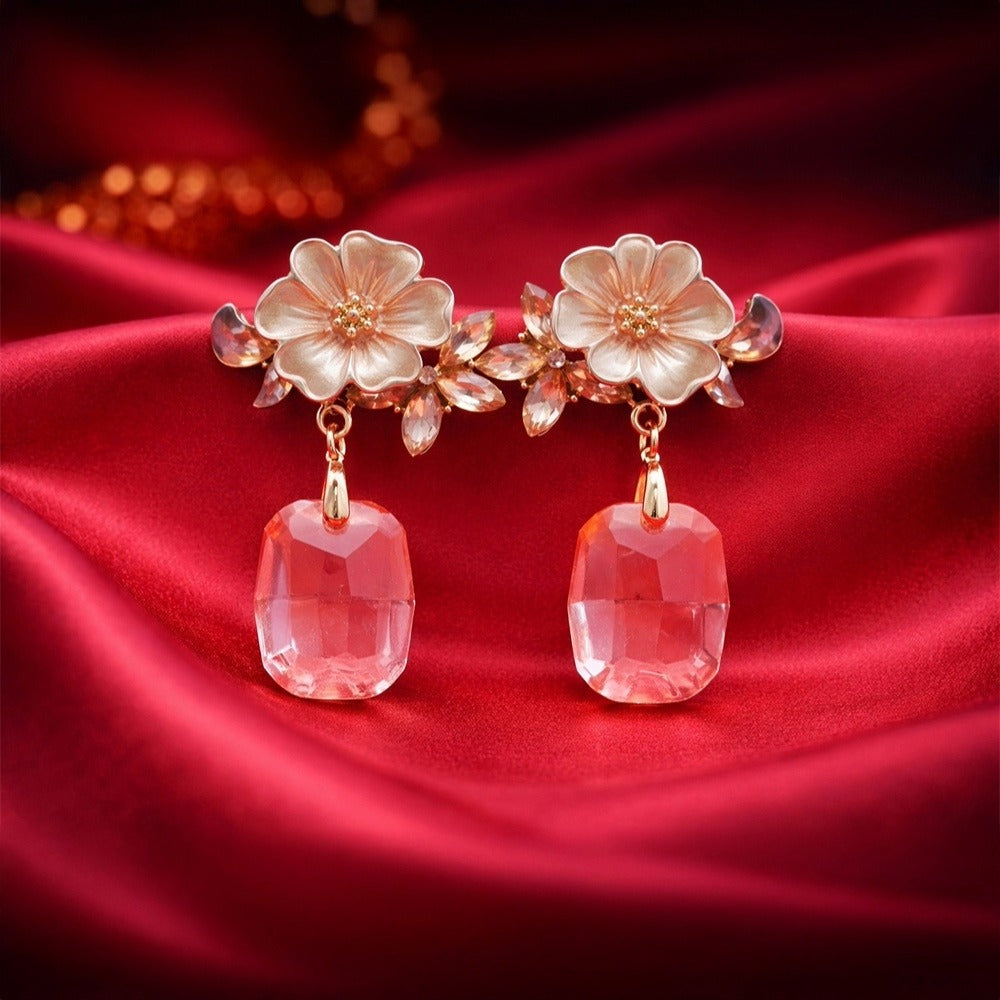 Floral Crystal Drop Earrings – Blush Enamel Flower with Pink Crystal Drop
