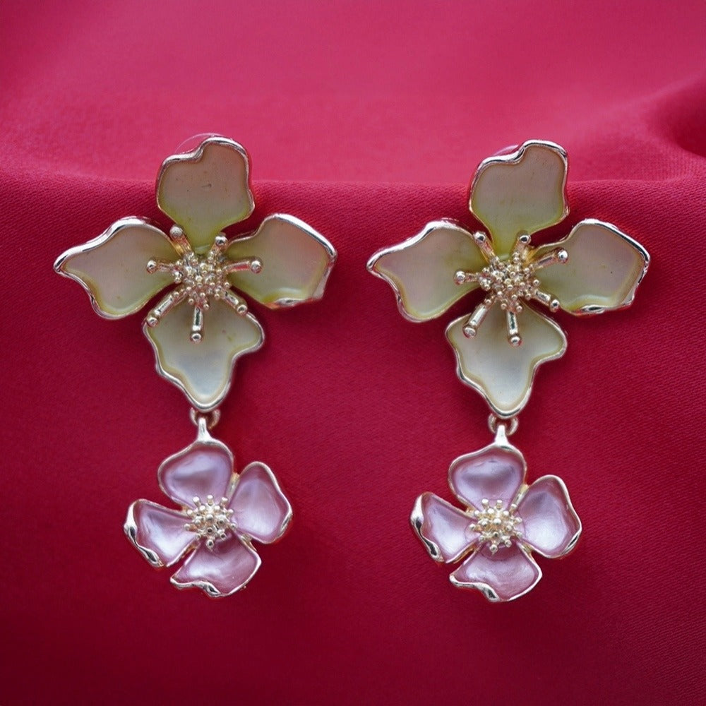 Elegant Floral Enamel Drop Earrings – Ivory & Blush Accents