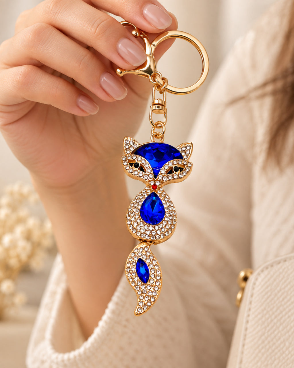 Blue Rhinestone Fox Keychain