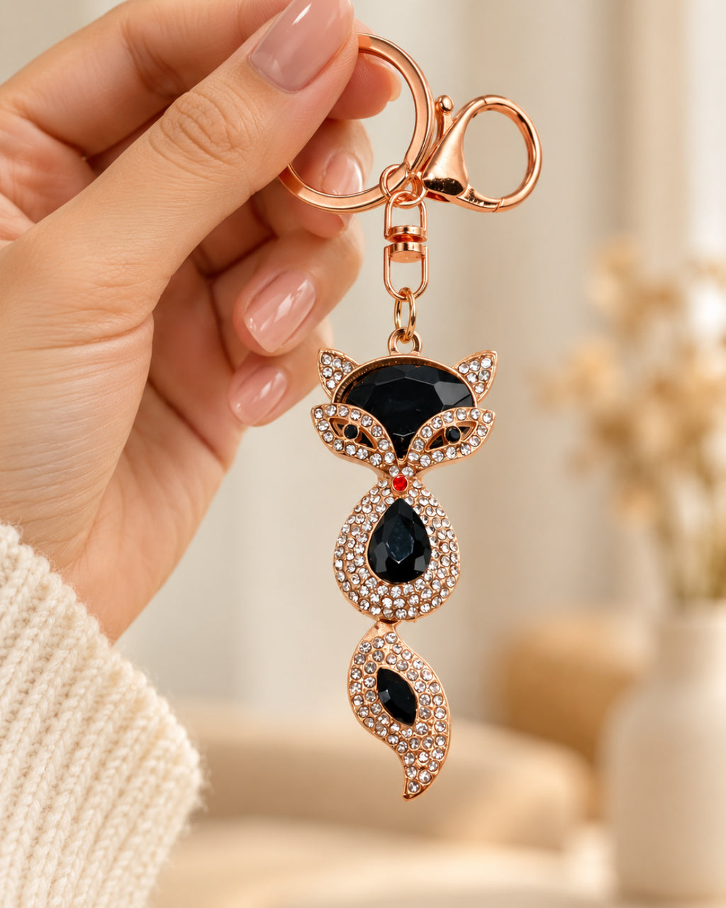 Black Rhinestone Fox Keychain