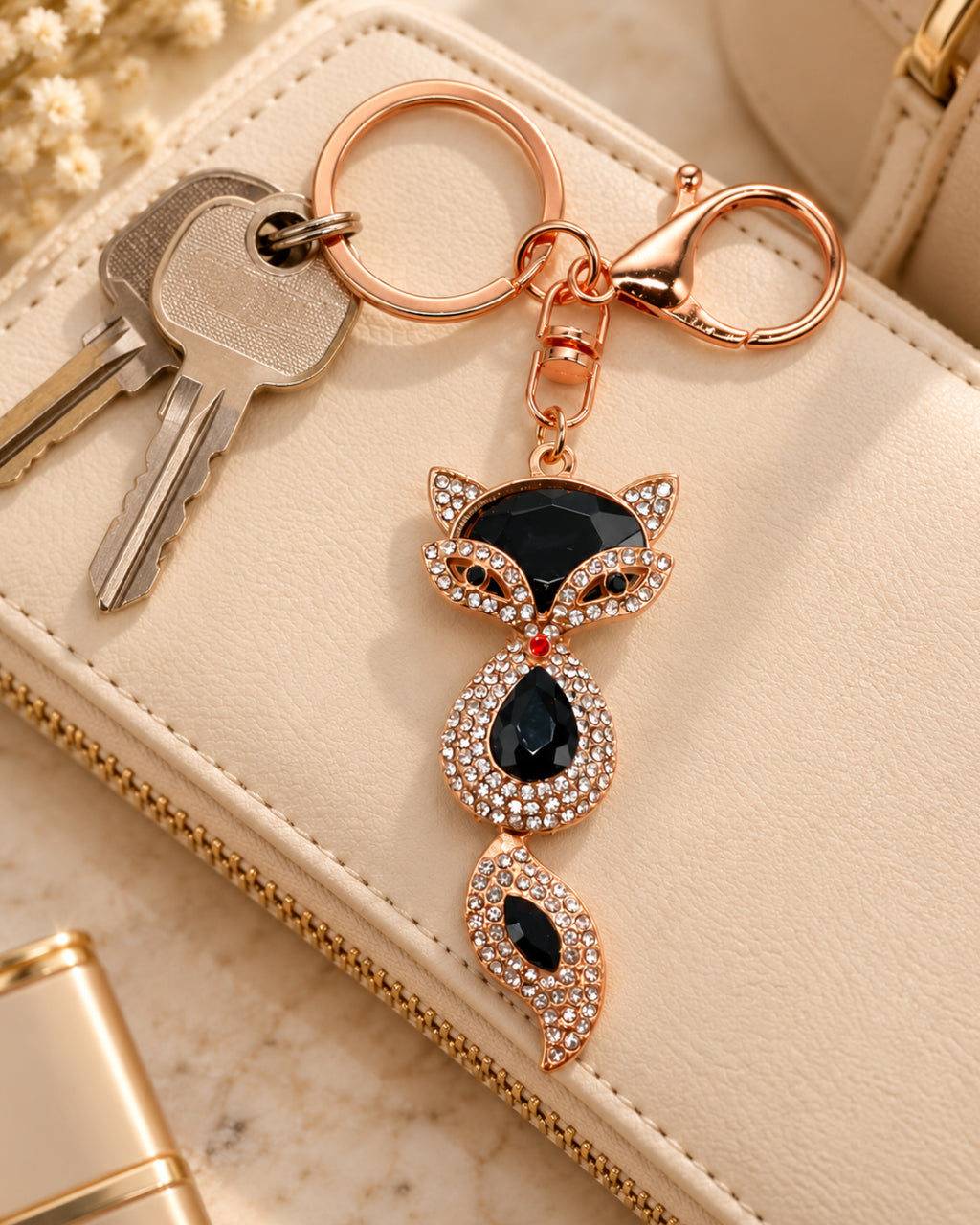 Black Rhinestone Fox Keychain