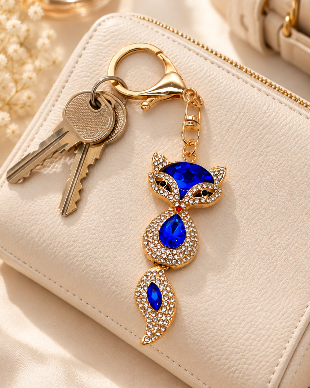 Blue Rhinestone Fox Keychain