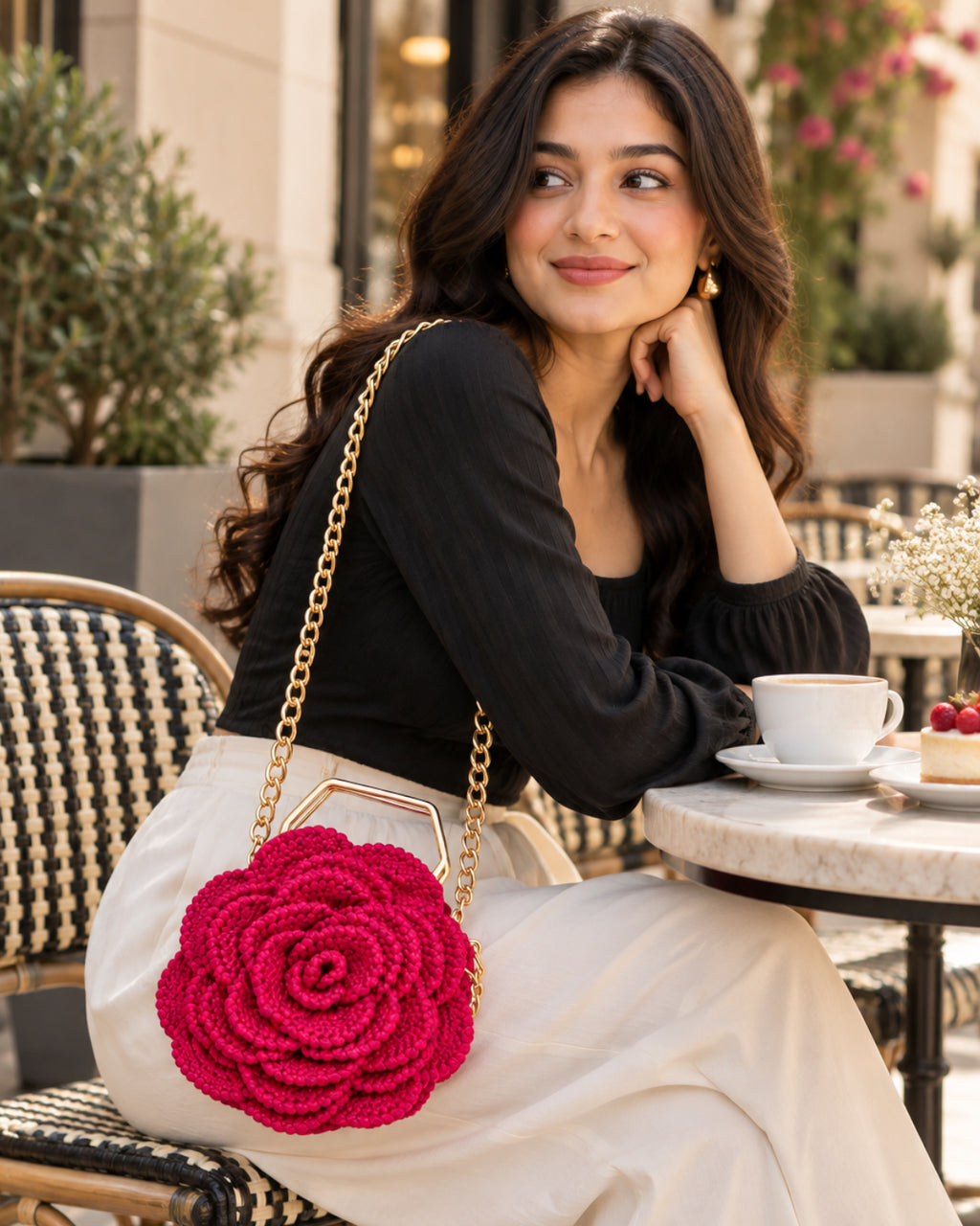 3D Rose Petal Crochet Handbag – Deep Pink