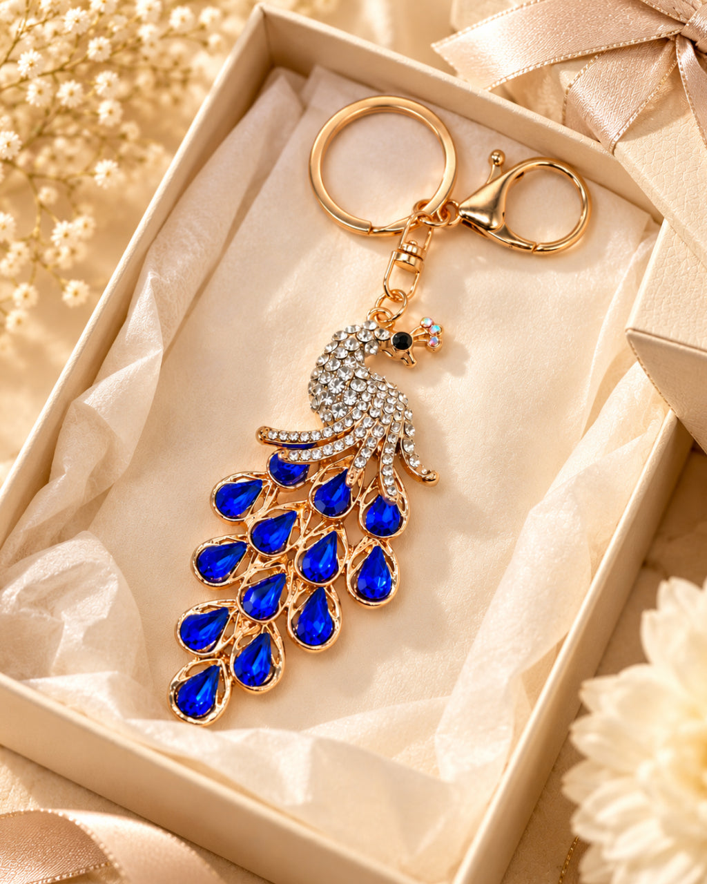 Sapphire Blue Rhinestone Peacock Keychain