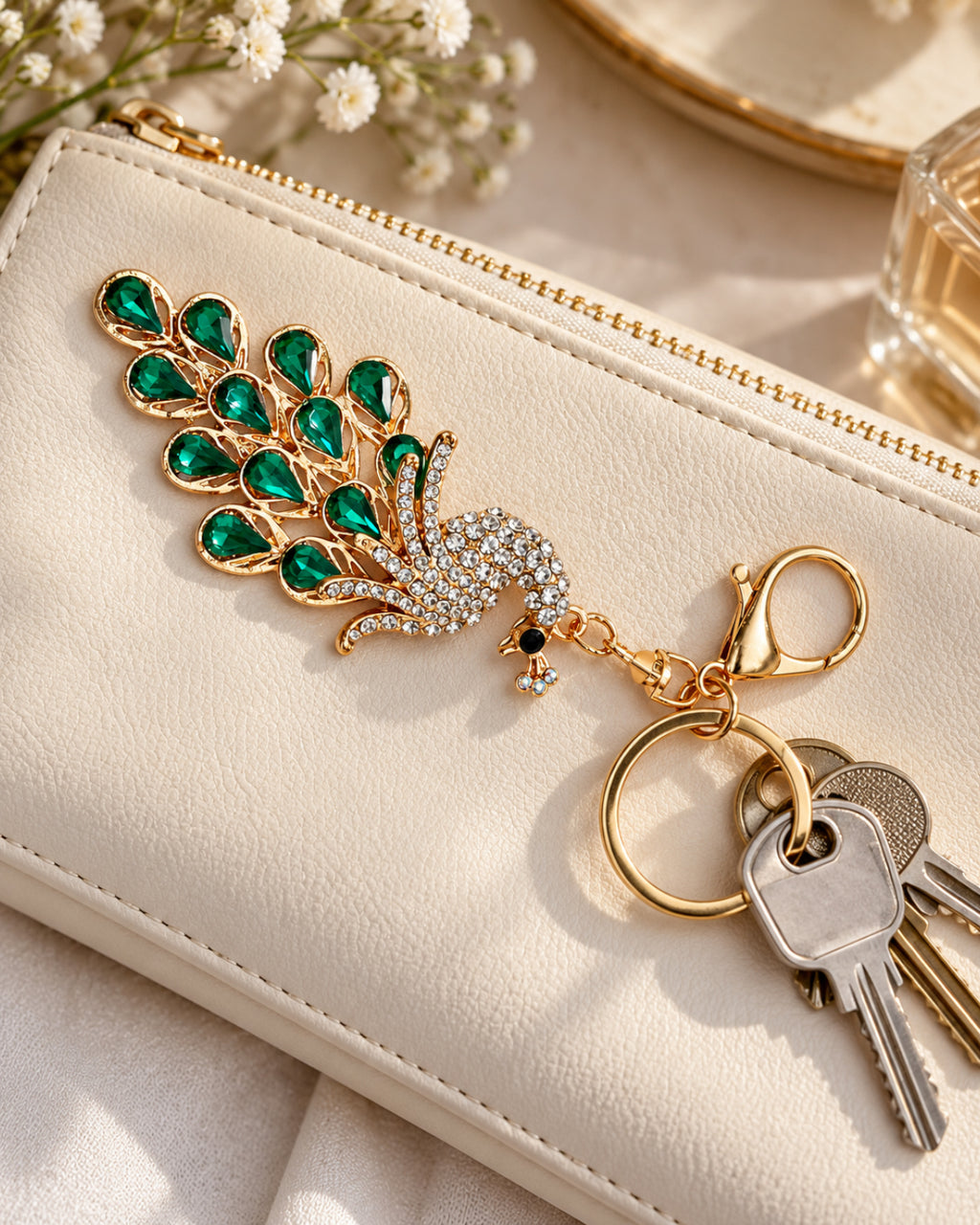 Emerald Green Rhinestone Peacock Keychain