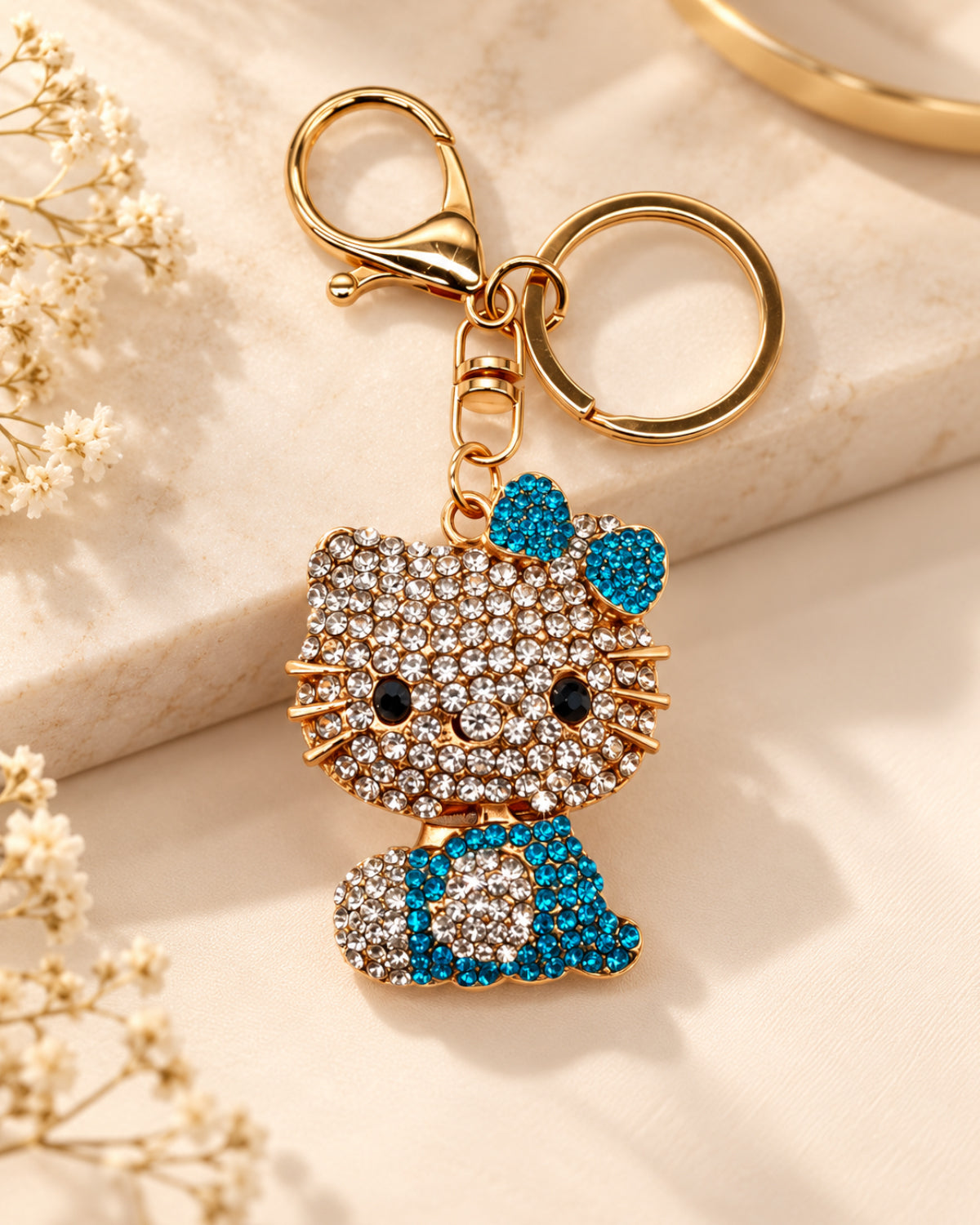 Turquoise Rhinestone Cat Keychain