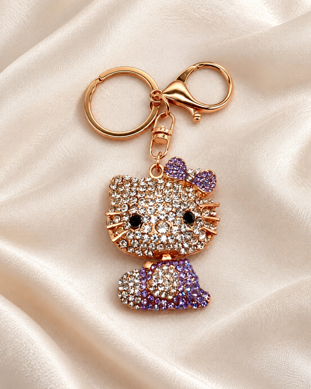 Purple Rhinestone Cat Keychain