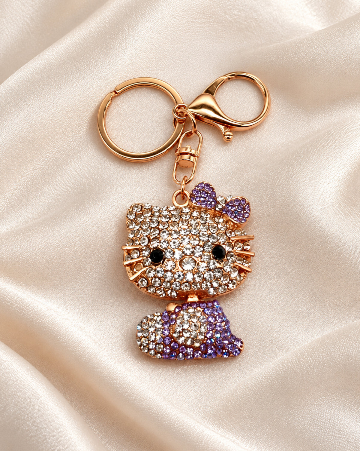 Purple Rhinestone Cat Keychain
