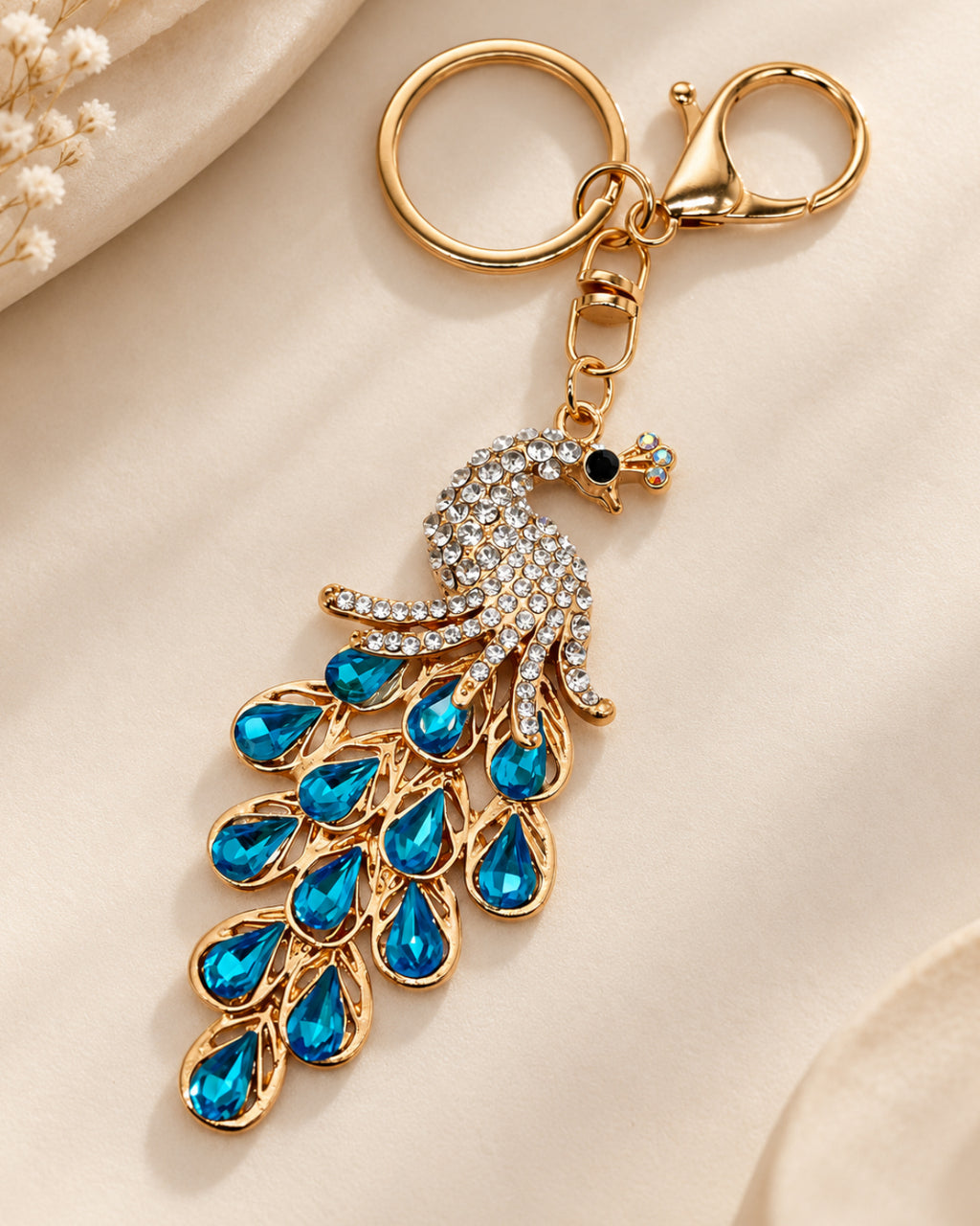 Blue Rhinestone Peacock Keychain