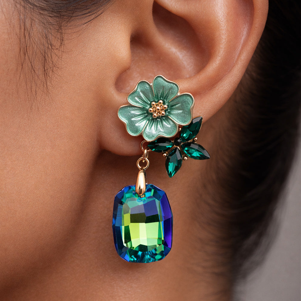 Enamel Floral Earrings – Lightweight Green Crystal Drop