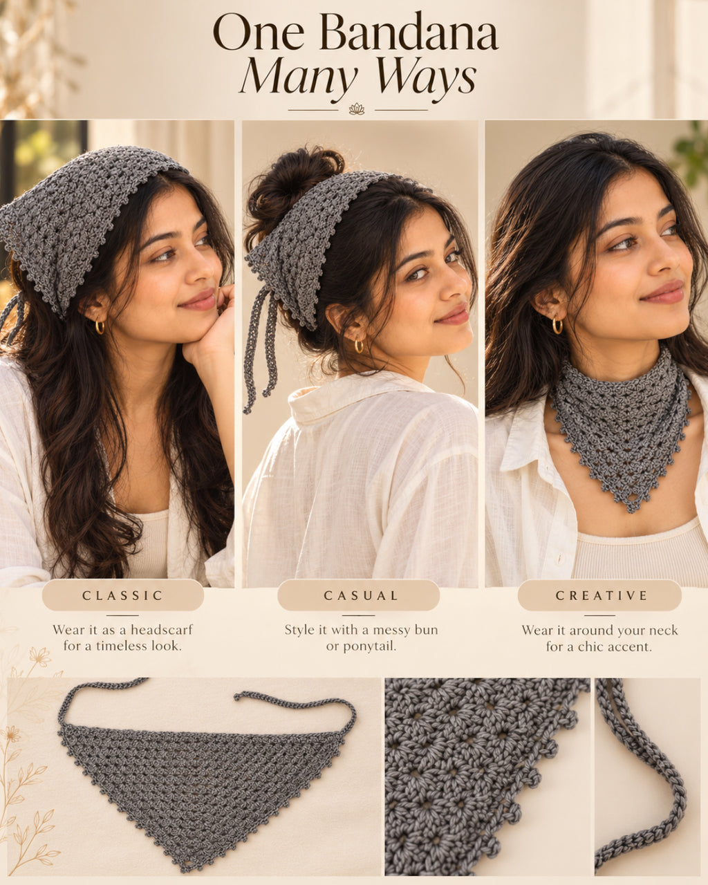Grey Grace Floral Crochet Bandana – Handcrafted Floral Head Scarf
