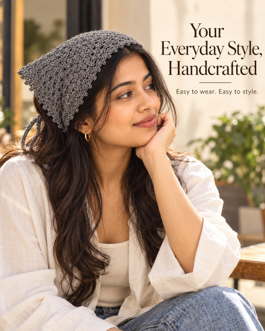 Grey Grace Floral Crochet Bandana – Handcrafted Floral Head Scarf