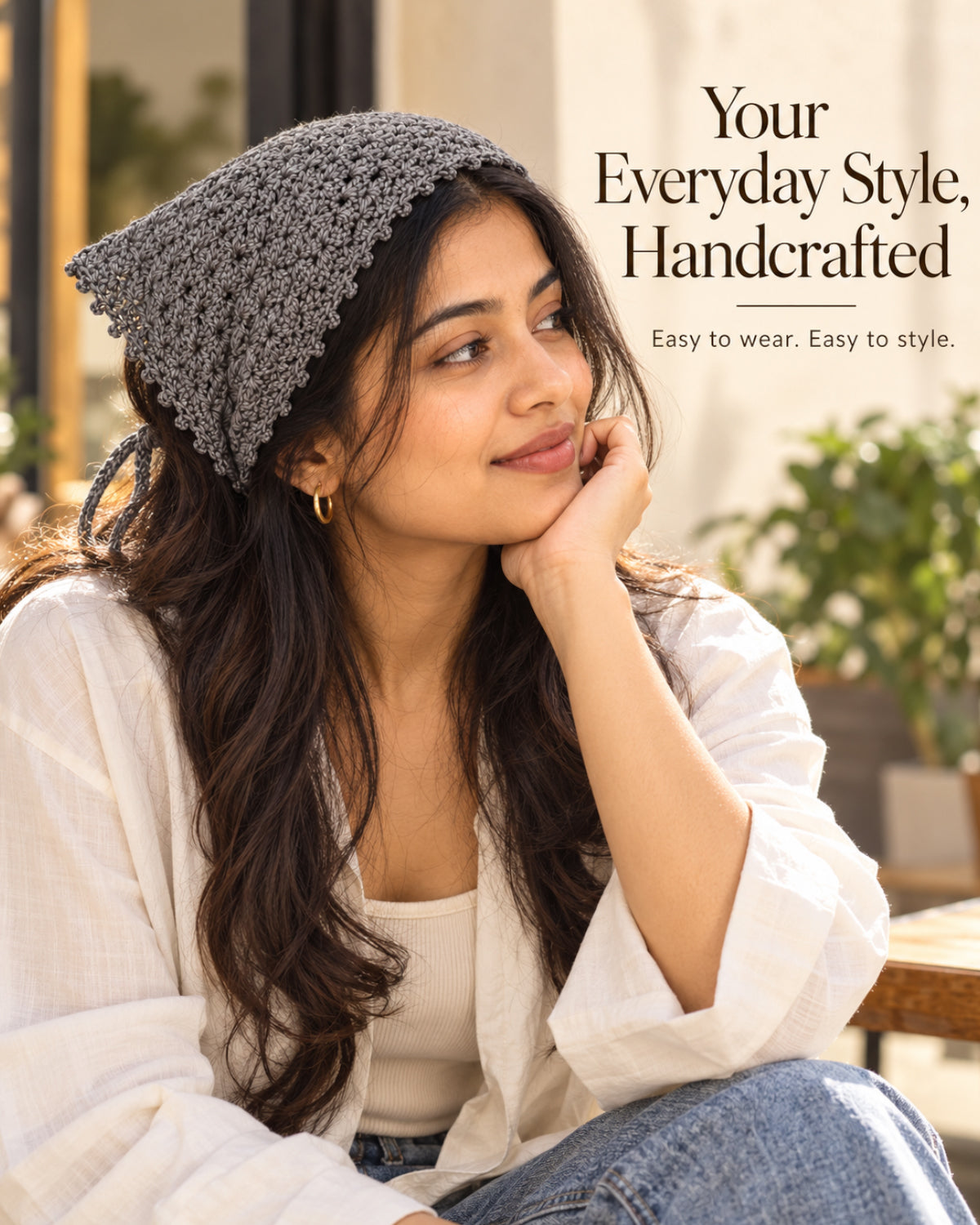 Grey Grace Floral Crochet Bandana – Handcrafted Floral Head Scarf