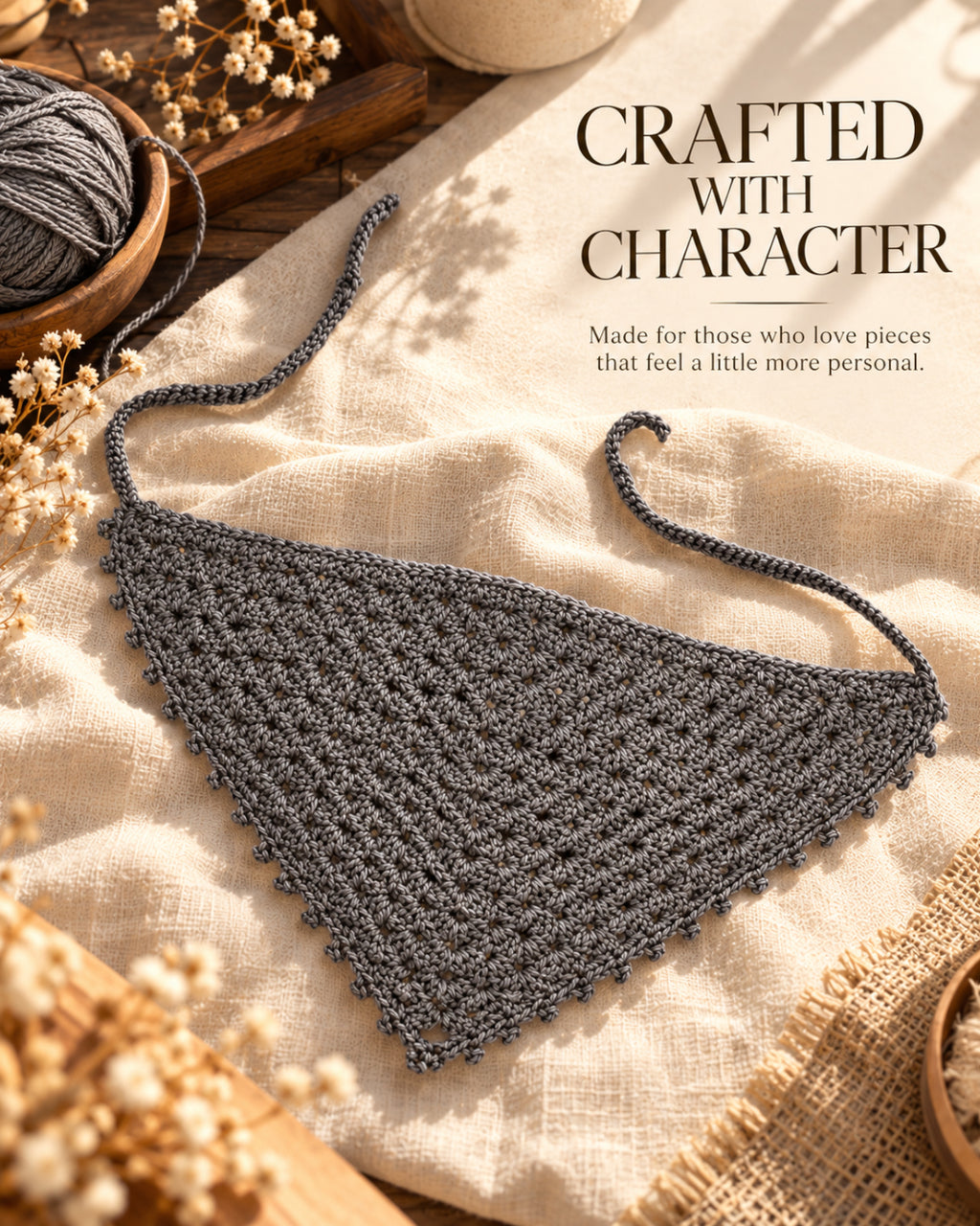 Grey Grace Floral Crochet Bandana – Handcrafted Floral Head Scarf