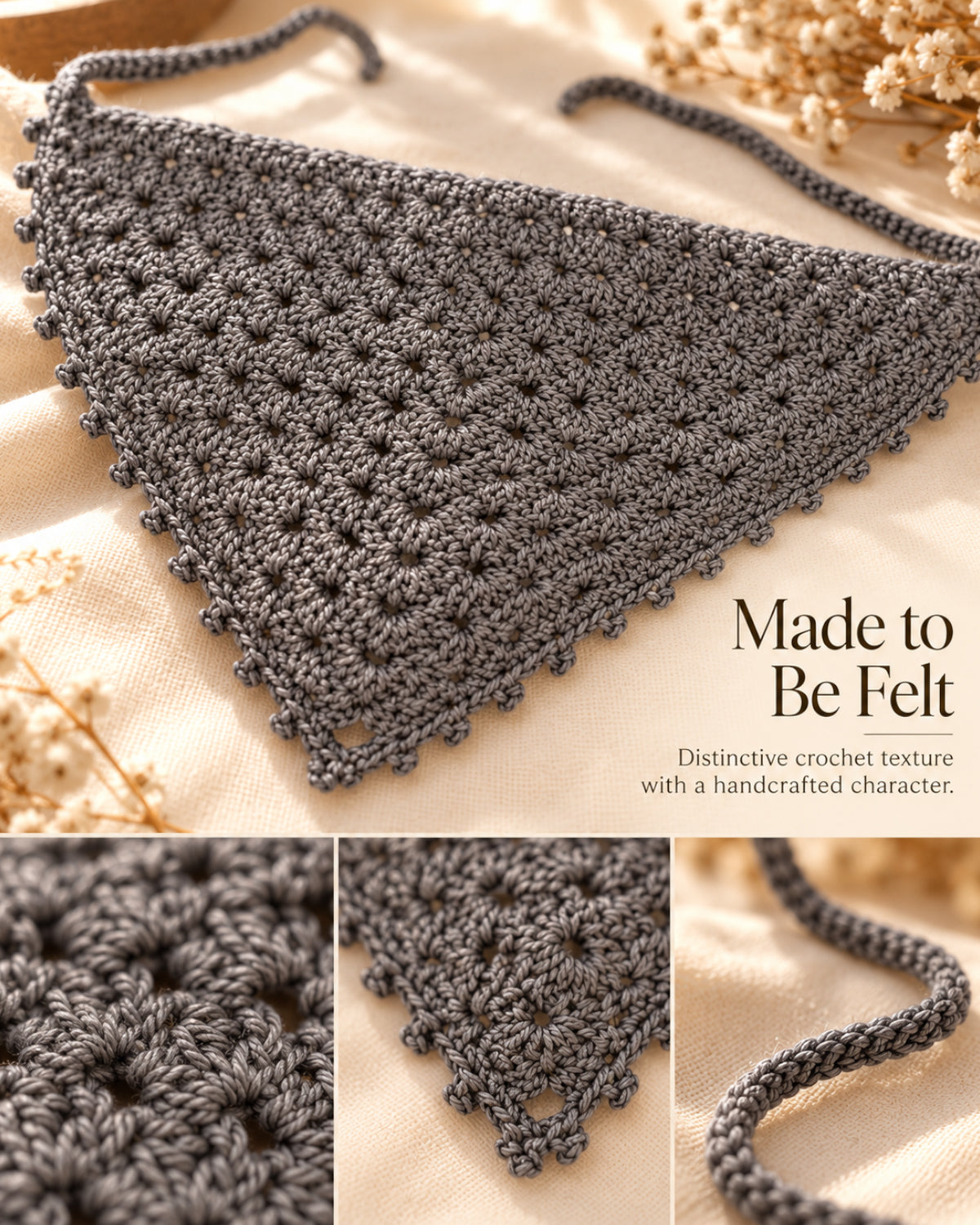 Grey Grace Floral Crochet Bandana – Handcrafted Floral Head Scarf