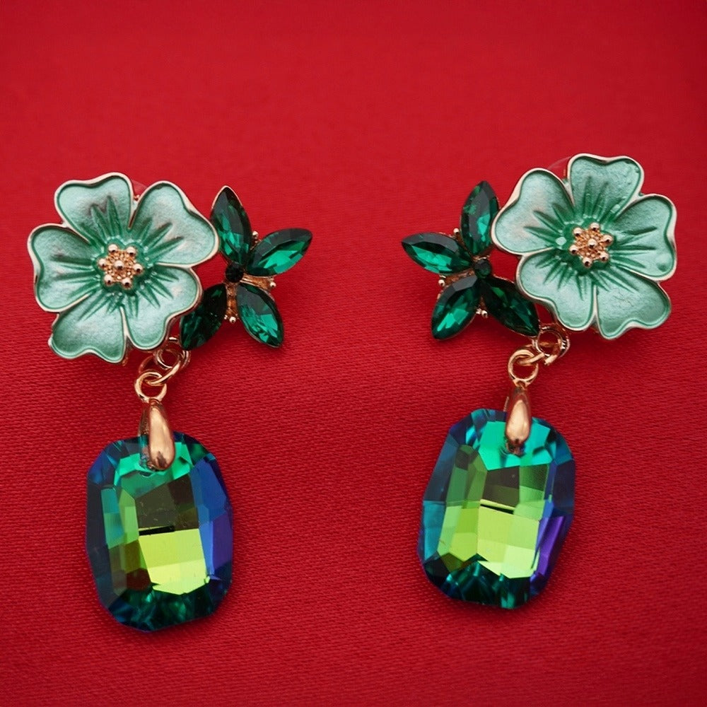 Enamel Floral Earrings – Lightweight Green Crystal Drop