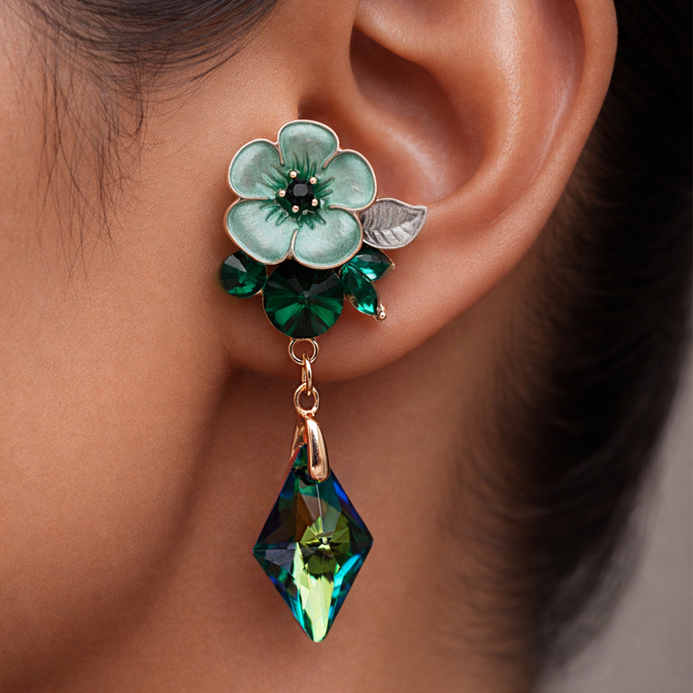 Enamel Floral Earrings - Emerald Crystal Drops Statement Earring