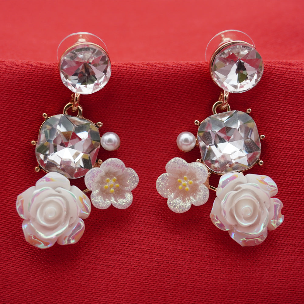 Enamel Floral Earrings - Rose & Pearl Drops
