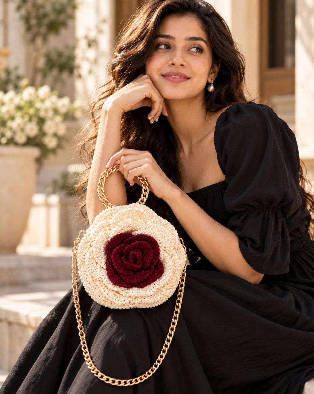 3D Rose Petal Crochet Handbag – Ivory & Burgundy