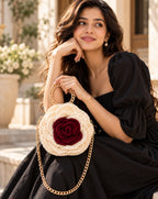 3D Rose Petal Crochet Handbag – Ivory & Burgundy