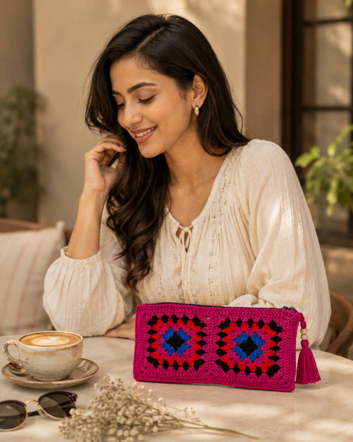 Handmade Rani Pink Crochet Pouch – Colorful Granny Square