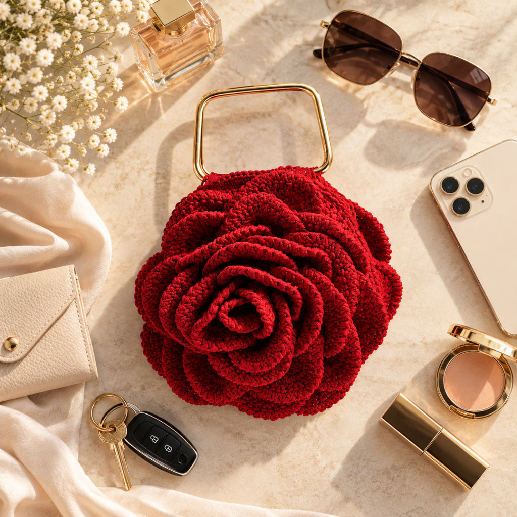 Handmade 3D Floral Clutch - Red Rose