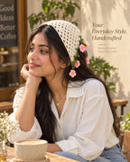 Ivory & Pink Floral Crochet Bandana – Handcrafted Floral Head Scarf