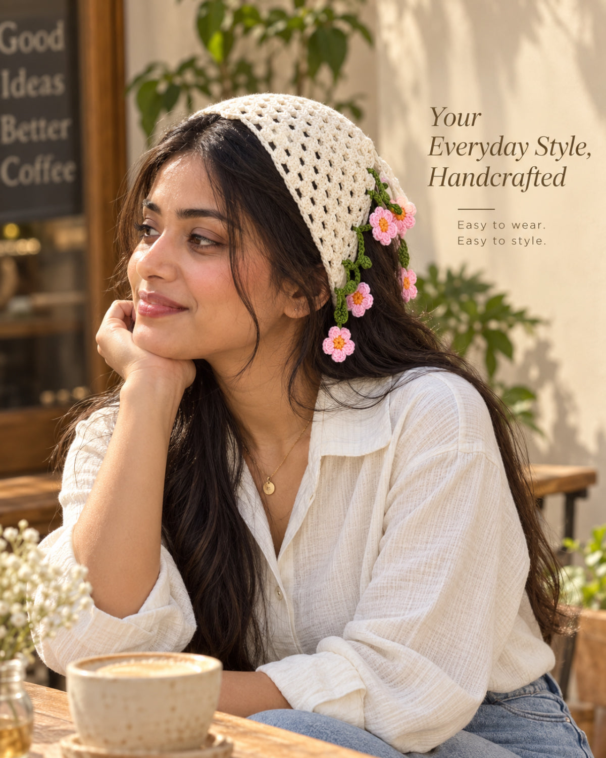 Ivory & Pink Floral Crochet Bandana – Handcrafted Floral Head Scarf