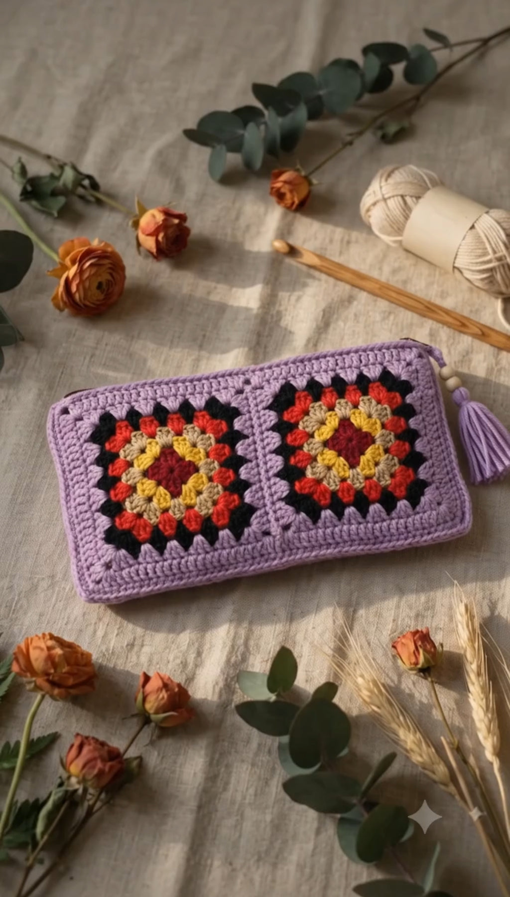 Handmade Purple Crochet Pouch – Colorful Granny Square