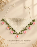 Ivory & Pink Floral Crochet Bandana – Handcrafted Floral Head Scarf