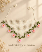Ivory & Pink Floral Crochet Bandana – Handcrafted Floral Head Scarf