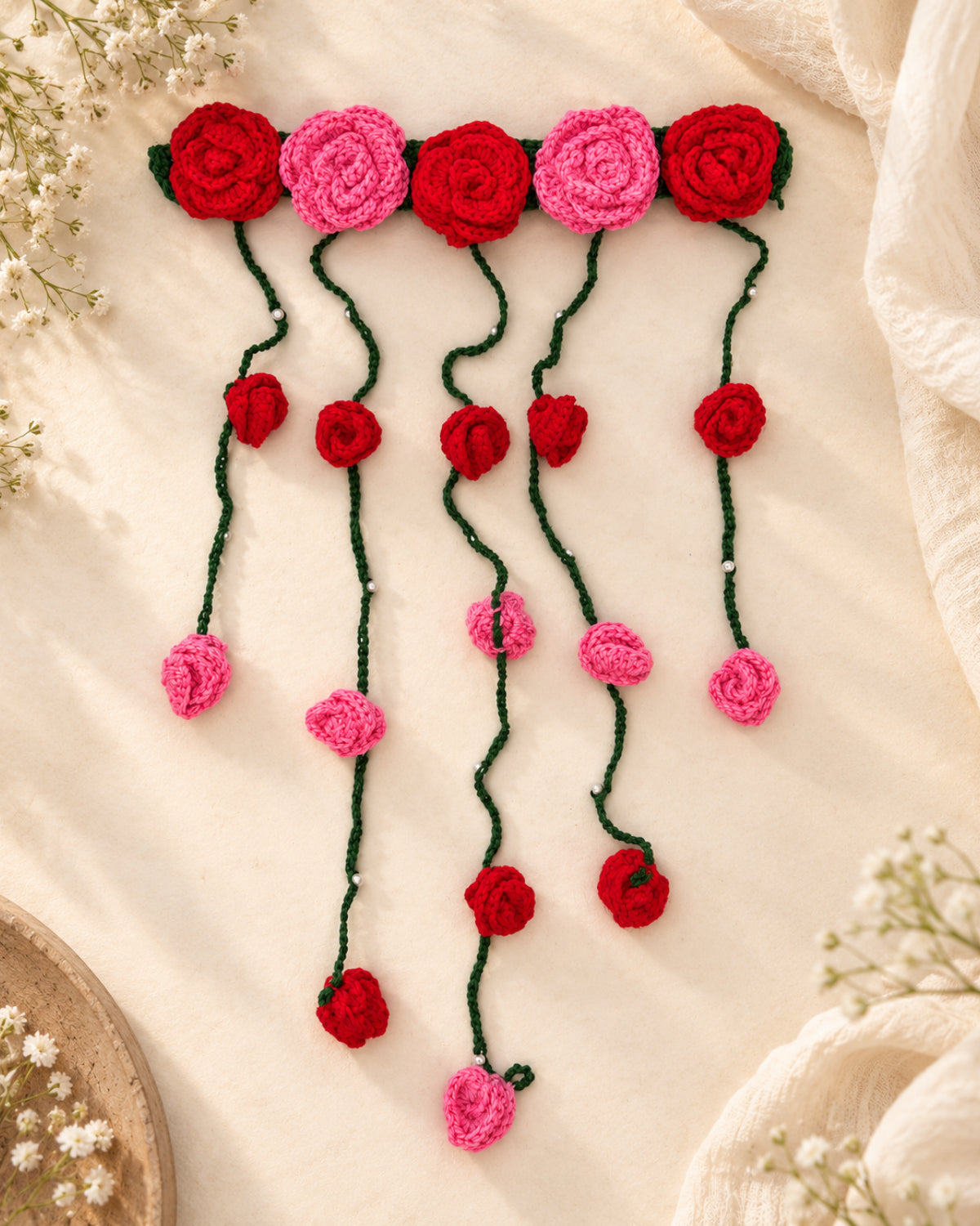 Crochet Floral Hair Tiara – Red Roses & Vine