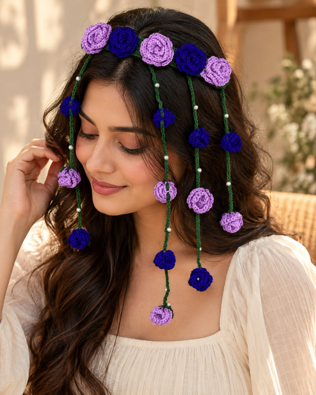 Crochet Floral Hair Tiara – Lavender & Blue