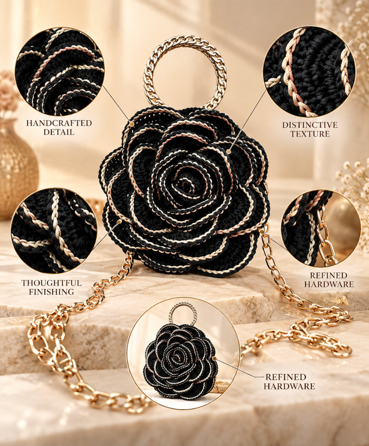 3D Rose Petal Crochet Handbag – Black and Gold