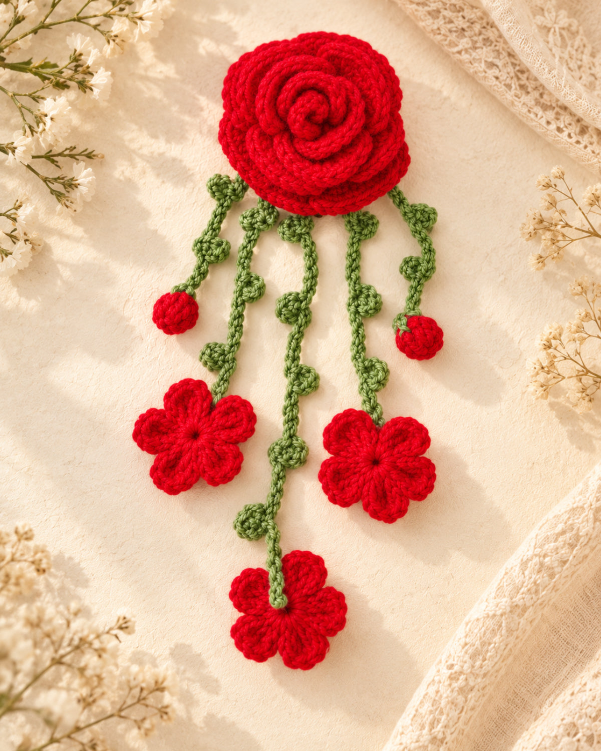 Handmade Crochet Hanging Hair Clip - Red Roses