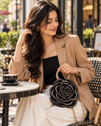 3D Rose Petal Crochet Handbag – Black and Gold