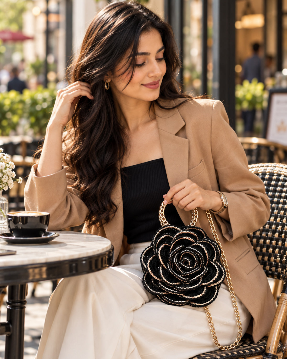 3D Rose Petal Crochet Handbag – Black and Gold